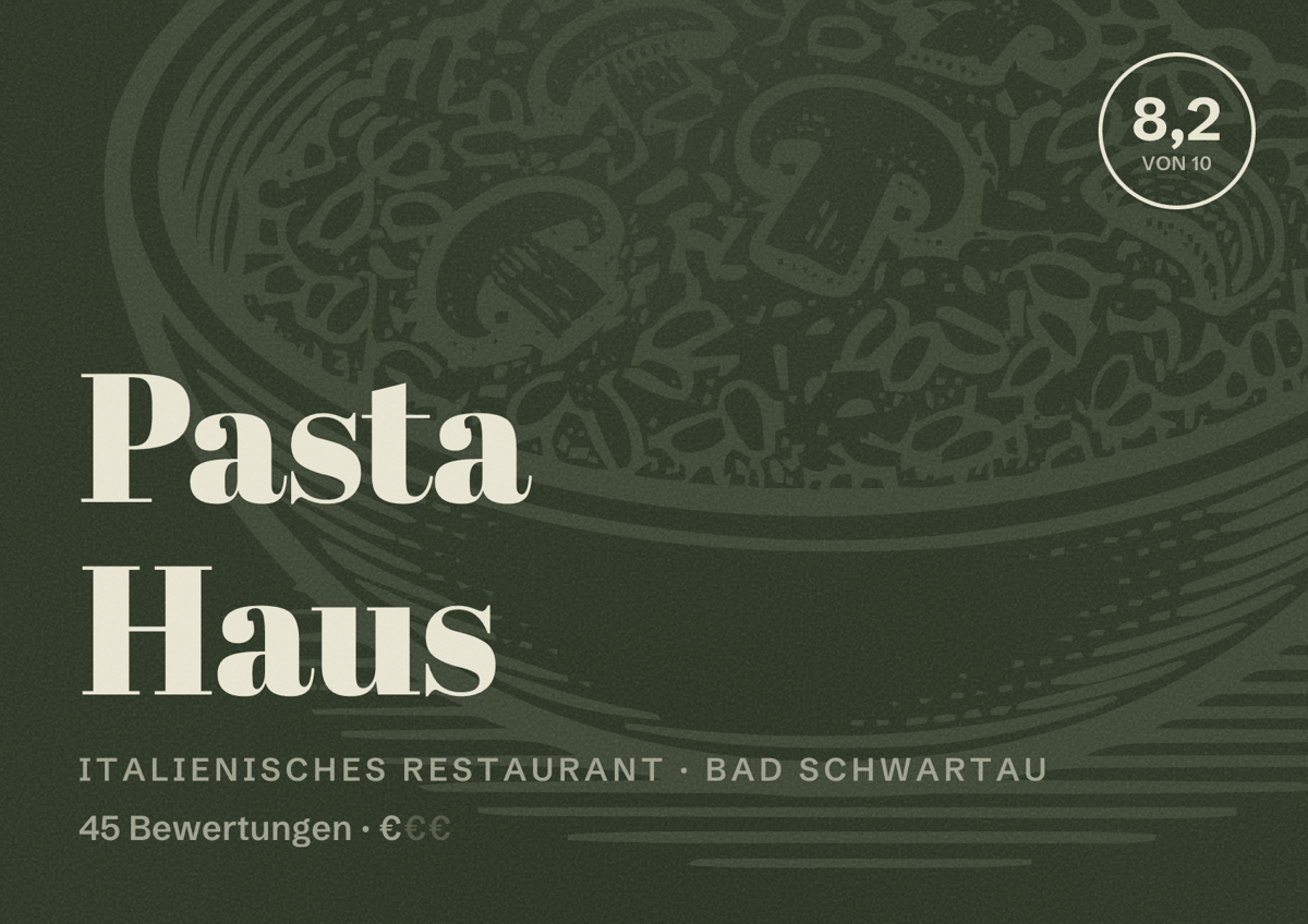 Illustriertes Poster von Pasta Haus, Italienisches Restaurant in Bad Schwartau: Bewertung 8,2 von 10 aus 45 Bewertungen, Preisniveau €