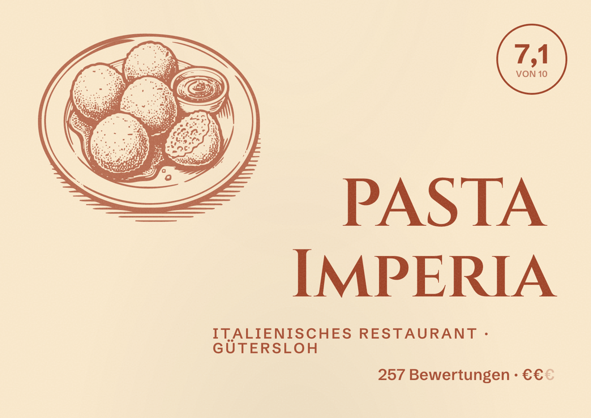 Illustriertes Poster von PASTA Imperia, Italienisches Restaurant in Gütersloh: Bewertung 7,1 von 10 aus 257 Bewertungen, Preisniveau €€
