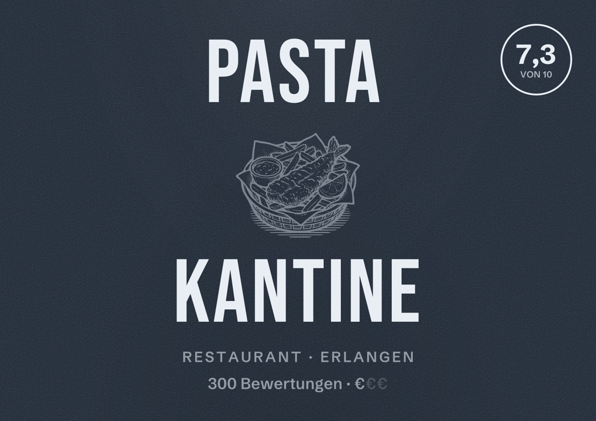 Illustriertes Poster von Pasta Kantine, Restaurant in Erlangen: Bewertung 7,3 von 10 aus 300 Bewertungen, Preisniveau €
