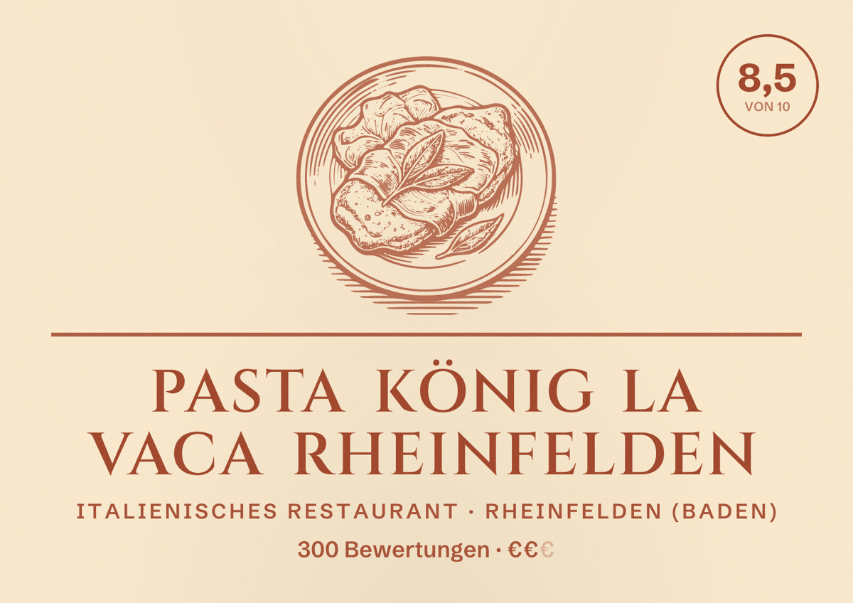 Illustriertes Poster von Pasta König La Vaca Rheinfelden, Italienisches Restaurant in Rheinfelden (Baden): Bewertung 8,5 von 10 aus 300 Bewertungen, Preisniveau €€