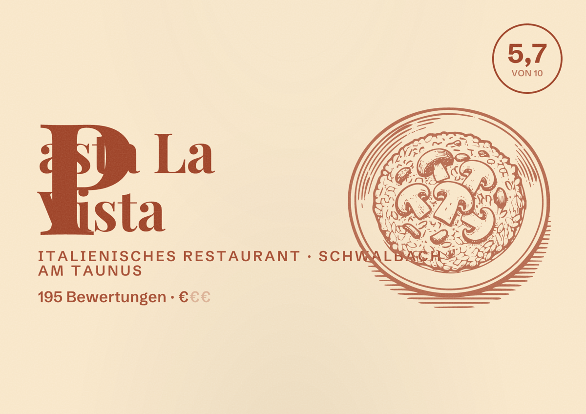 Illustriertes Poster von Pasta La Vista, Italienisches Restaurant in Schwalbach am Taunus: Bewertung 5,7 von 10 aus 195 Bewertungen, Preisniveau €
