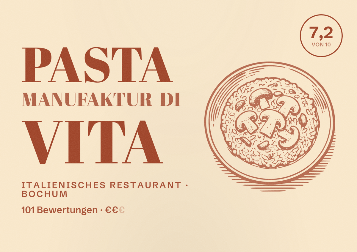 Illustriertes Poster von Pasta Manufaktur Di Vita, Italienisches Restaurant in Bochum: Bewertung 7,2 von 10 aus 101 Bewertungen, Preisniveau €€