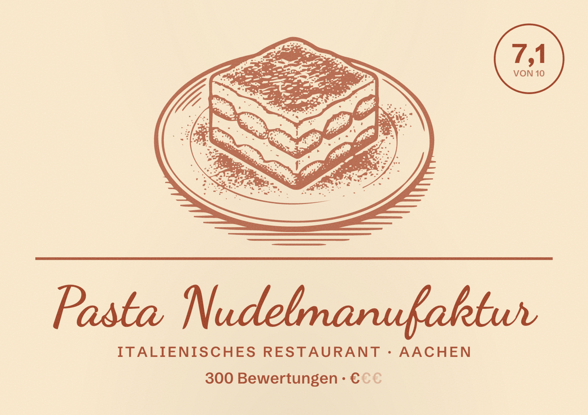 Illustriertes Poster von Pasta Nudelmanufaktur, Italienisches Restaurant in Aachen: Bewertung 7,1 von 10 aus 300 Bewertungen, Preisniveau €