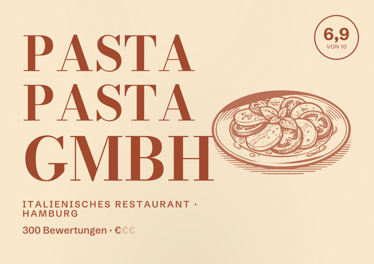 Illustriertes Poster von Pasta Pasta GmbH, Italienisches Restaurant in Hamburg: Bewertung 6,9 von 10 aus 300 Bewertungen, Preisniveau €