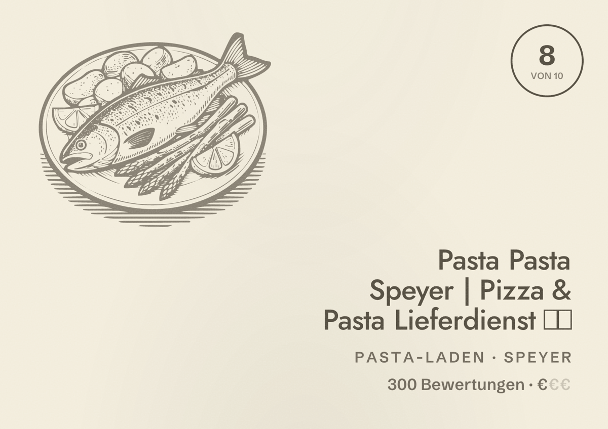 Illustriertes Poster von Pasta Pasta Speyer | Pizza & Pasta Lieferdienst 🍕🍝, Pasta-Laden in Speyer: Bewertung 8 von 10 aus 300 Bewertungen, Preisniveau €
