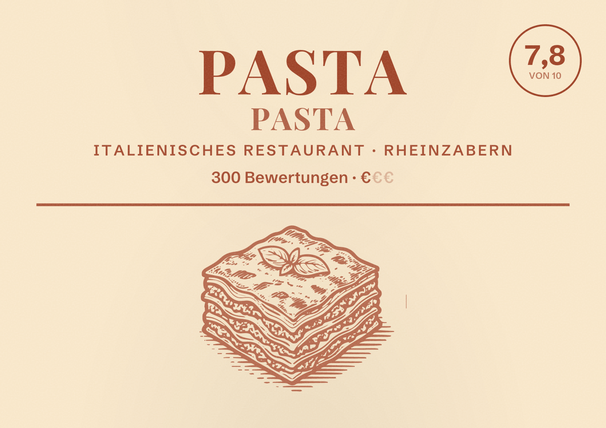 Illustriertes Poster von Pasta Pasta, Italienisches Restaurant in Rheinzabern: Bewertung 7,8 von 10 aus 300 Bewertungen, Preisniveau €
