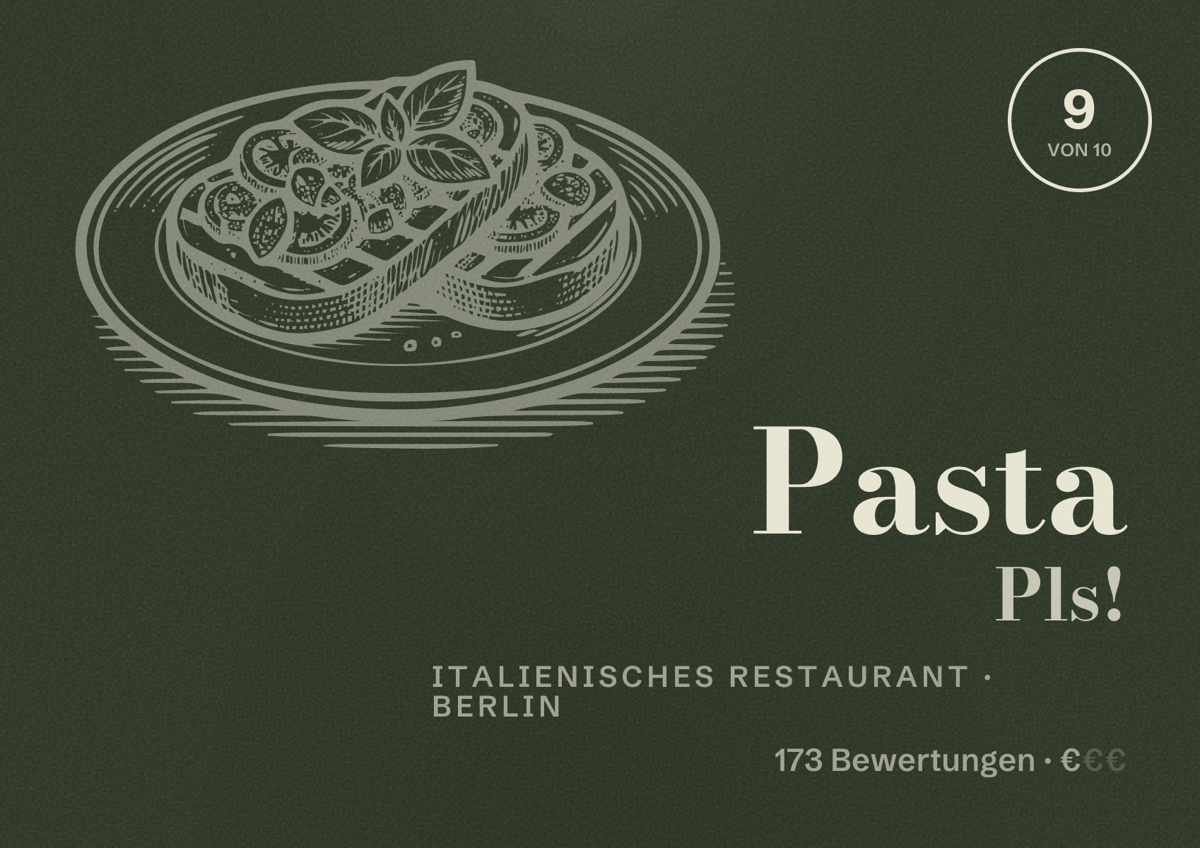 Illustriertes Poster von Pasta Pls!, Italienisches Restaurant in Berlin: Bewertung 9 von 10 aus 173 Bewertungen, Preisniveau €