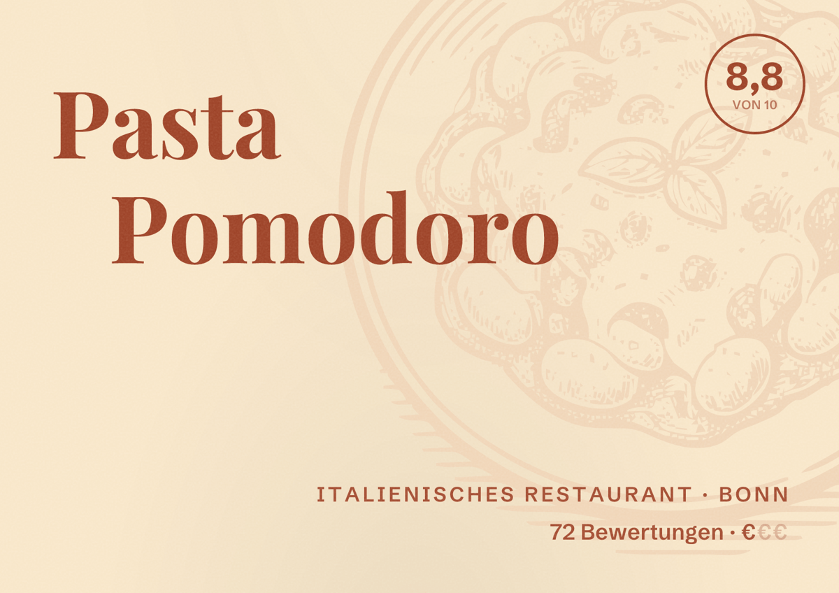 Illustriertes Poster von Pasta Pomodoro, Italienisches Restaurant in Bonn: Bewertung 8,8 von 10 aus 72 Bewertungen, Preisniveau €