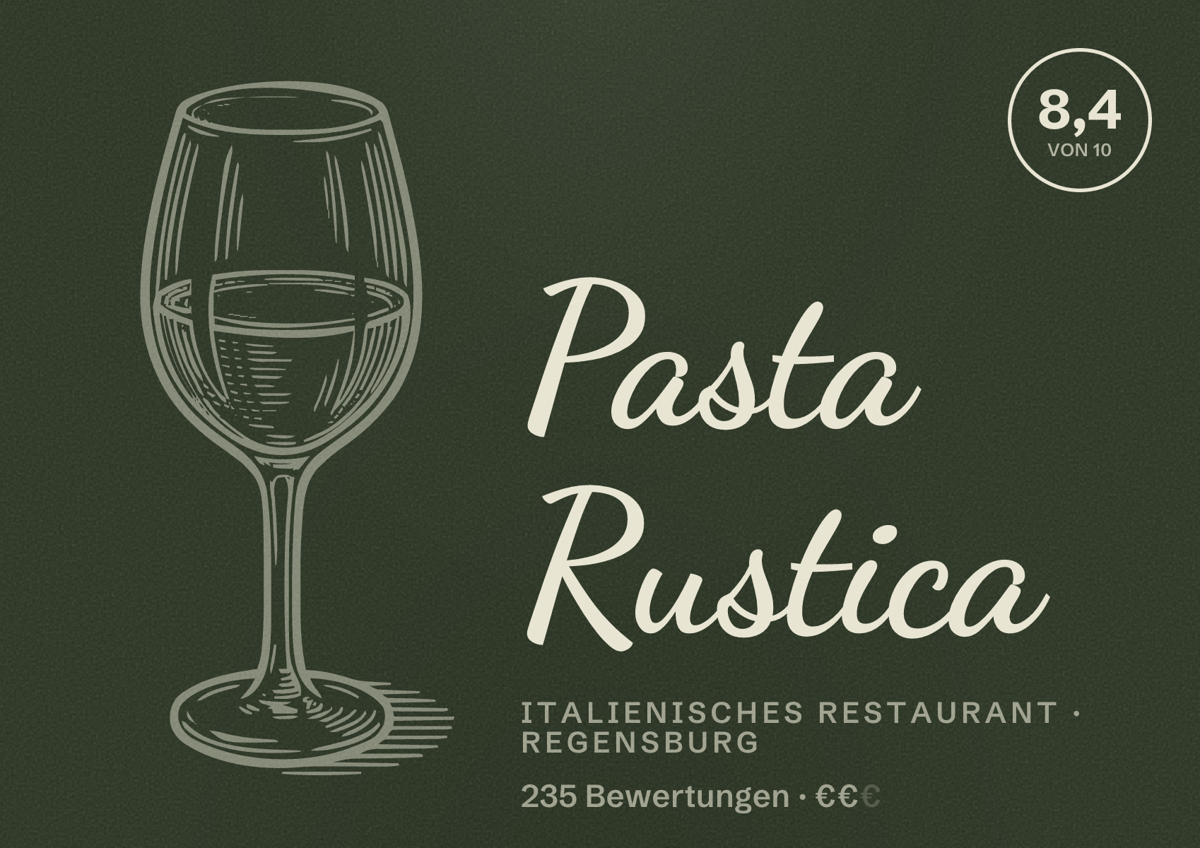 Illustriertes Poster von Pasta Rustica, Italienisches Restaurant in Regensburg: Bewertung 8,4 von 10 aus 235 Bewertungen, Preisniveau €€