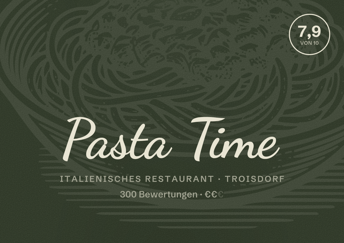 Illustriertes Poster von Pasta Time, Italienisches Restaurant in Troisdorf: Bewertung 7,9 von 10 aus 300 Bewertungen, Preisniveau €€