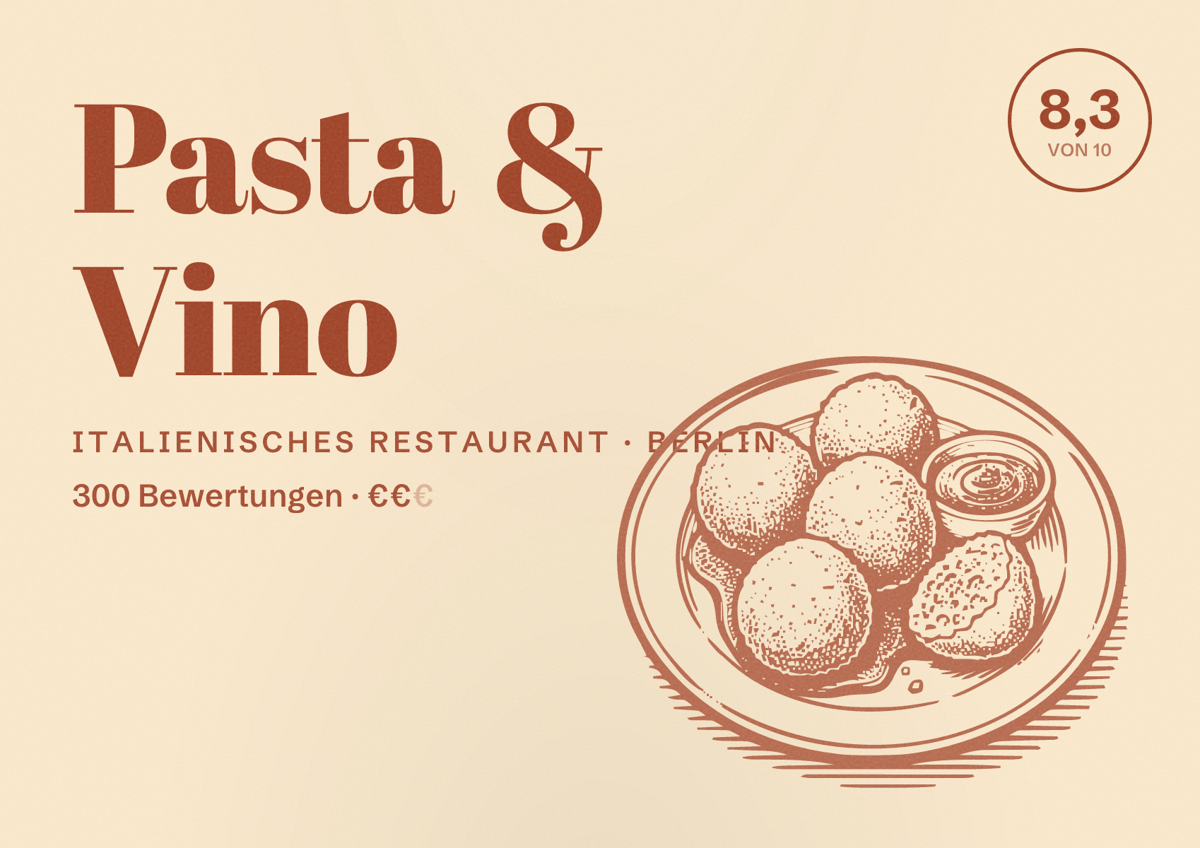 Illustriertes Poster von Pasta & Vino, Italienisches Restaurant in Berlin: Bewertung 8,3 von 10 aus 300 Bewertungen, Preisniveau €€