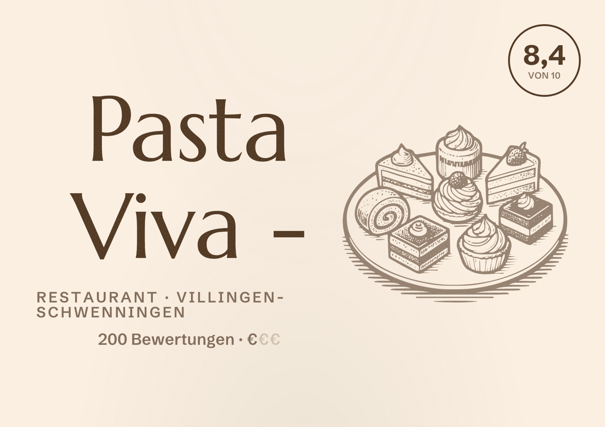 Illustriertes Poster von Pasta Viva -, Restaurant in Villingen-Schwenningen: Bewertung 8,4 von 10 aus 200 Bewertungen, Preisniveau €