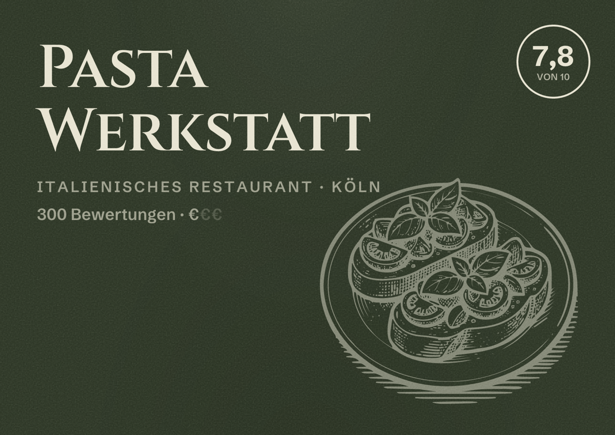 Illustriertes Poster von Pasta Werkstatt, Italienisches Restaurant in Köln: Bewertung 7,8 von 10 aus 300 Bewertungen, Preisniveau €
