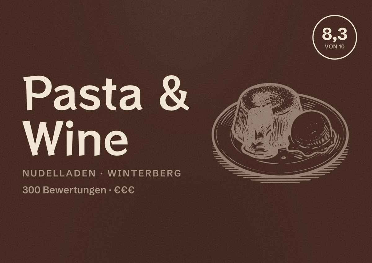 Illustriertes Poster von Pasta & Wine, Nudelladen in Winterberg: Bewertung 8,3 von 10 aus 300 Bewertungen, Preisniveau €€€