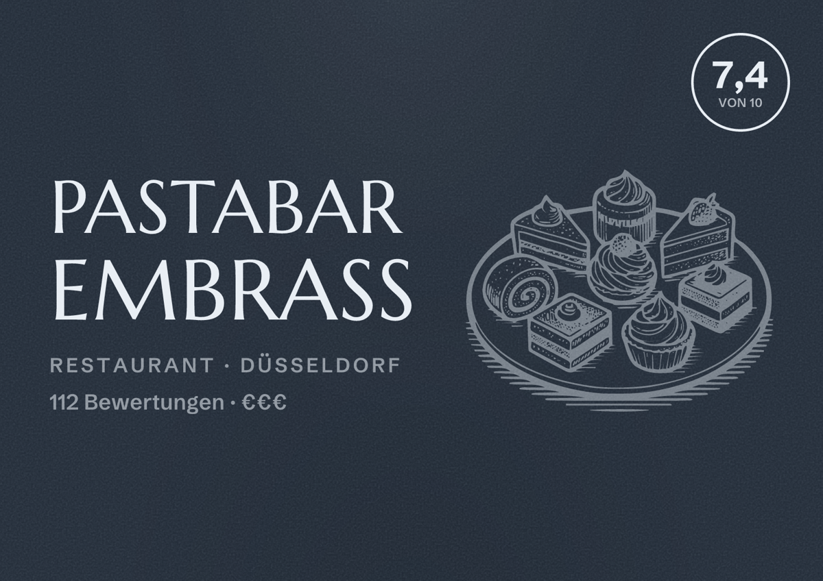 Illustriertes Poster von Pastabar Embrass, Restaurant in Düsseldorf: Bewertung 7,4 von 10 aus 112 Bewertungen, Preisniveau €€€