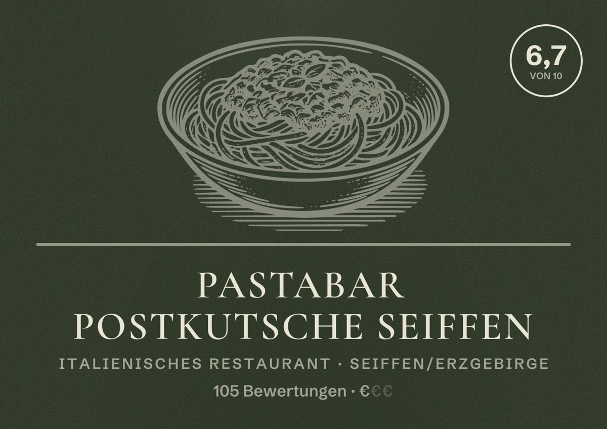 Illustriertes Poster von PastaBAR Postkutsche Seiffen, Italienisches Restaurant in Seiffen/Erzgebirge: Bewertung 6,7 von 10 aus 105 Bewertungen, Preisniveau €