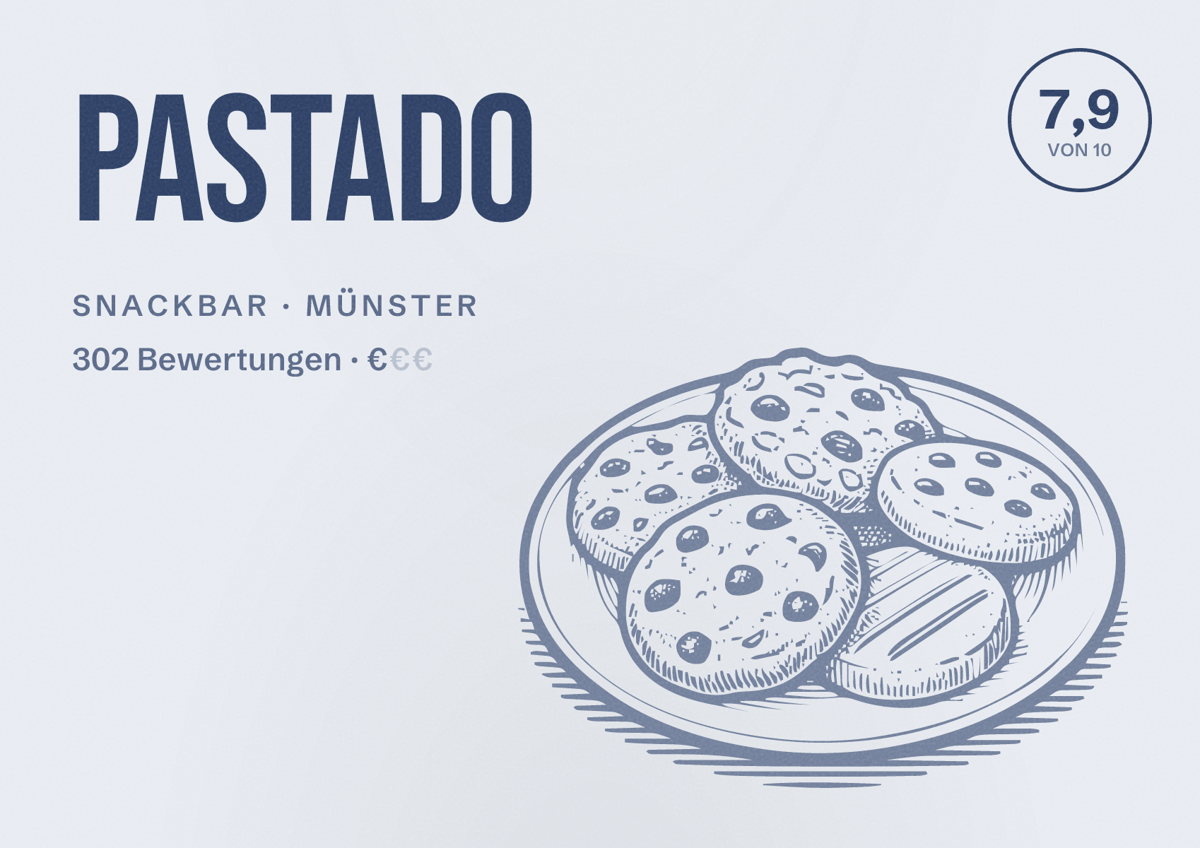 Illustriertes Poster von Pastado, Snackbar in Münster: Bewertung 7,9 von 10 aus 302 Bewertungen, Preisniveau €