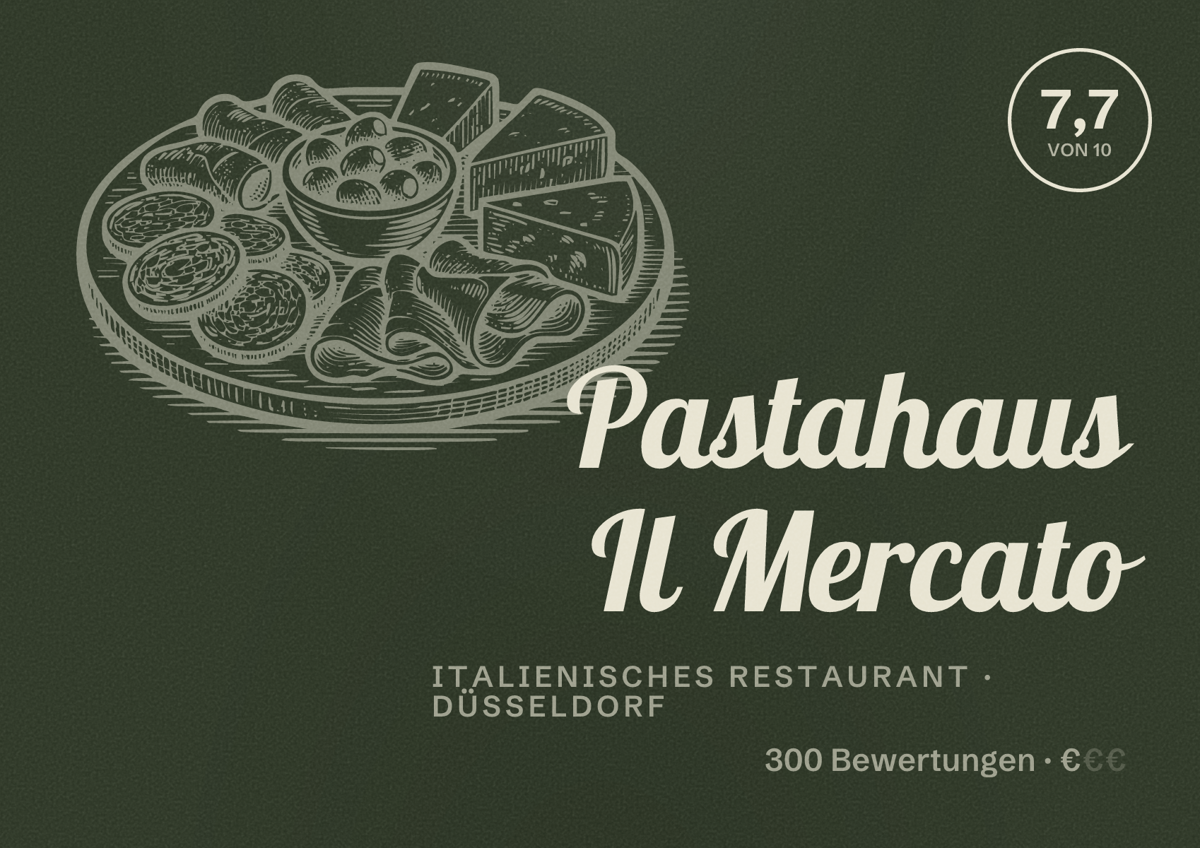 Illustriertes Poster von Pastahaus Il Mercato, Italienisches Restaurant in Düsseldorf: Bewertung 7,7 von 10 aus 300 Bewertungen, Preisniveau €