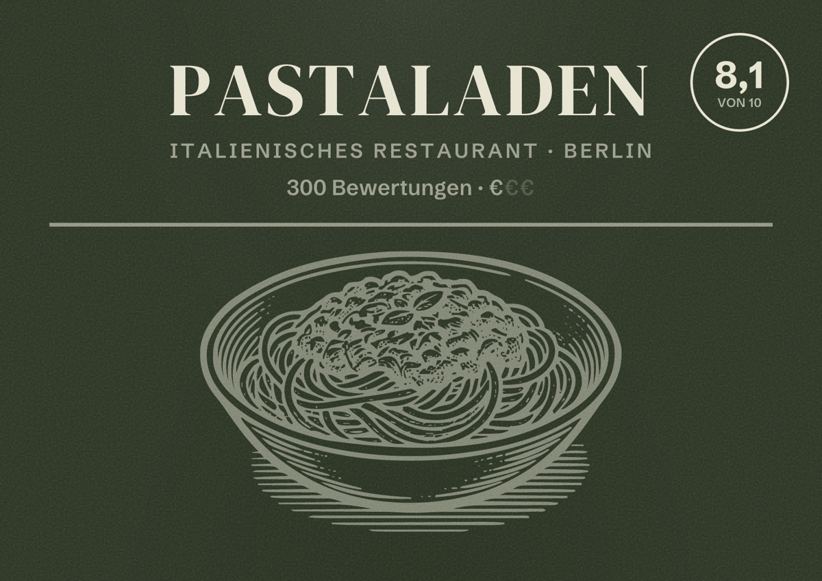 Illustriertes Poster von PastaLaden, Italienisches Restaurant in Berlin: Bewertung 8,1 von 10 aus 300 Bewertungen, Preisniveau €