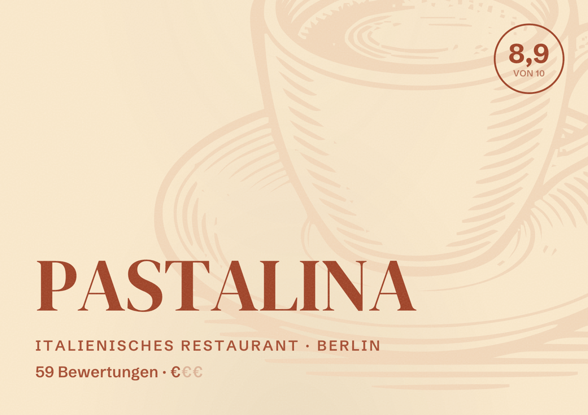 Illustriertes Poster von PASTALINA, Italienisches Restaurant in Berlin: Bewertung 8,9 von 10 aus 59 Bewertungen, Preisniveau €