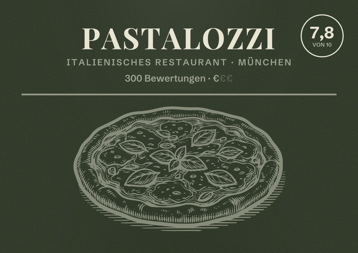 Illustriertes Poster von Pastalozzi, Italienisches Restaurant in München: Bewertung 7,8 von 10 aus 300 Bewertungen, Preisniveau €
