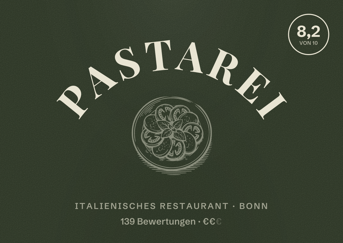 Illustriertes Poster von Pastarei, Italienisches Restaurant in Bonn: Bewertung 8,2 von 10 aus 139 Bewertungen, Preisniveau €€
