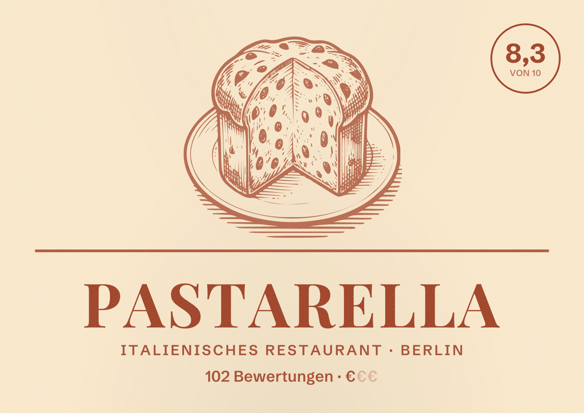 Illustriertes Poster von Pastarella, Italienisches Restaurant in Berlin: Bewertung 8,3 von 10 aus 102 Bewertungen, Preisniveau €