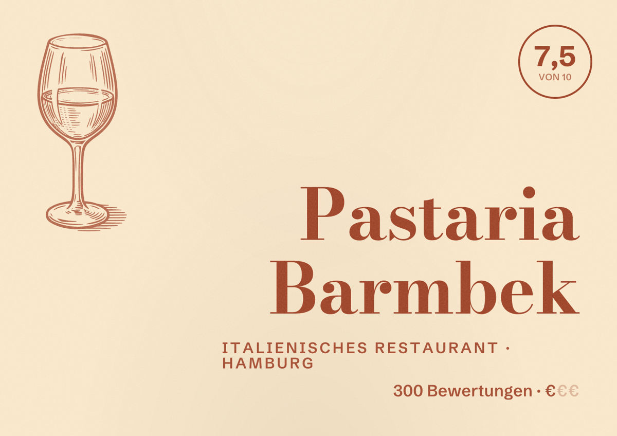 Illustriertes Poster von Pastaria Barmbek, Italienisches Restaurant in Hamburg: Bewertung 7,5 von 10 aus 300 Bewertungen, Preisniveau €
