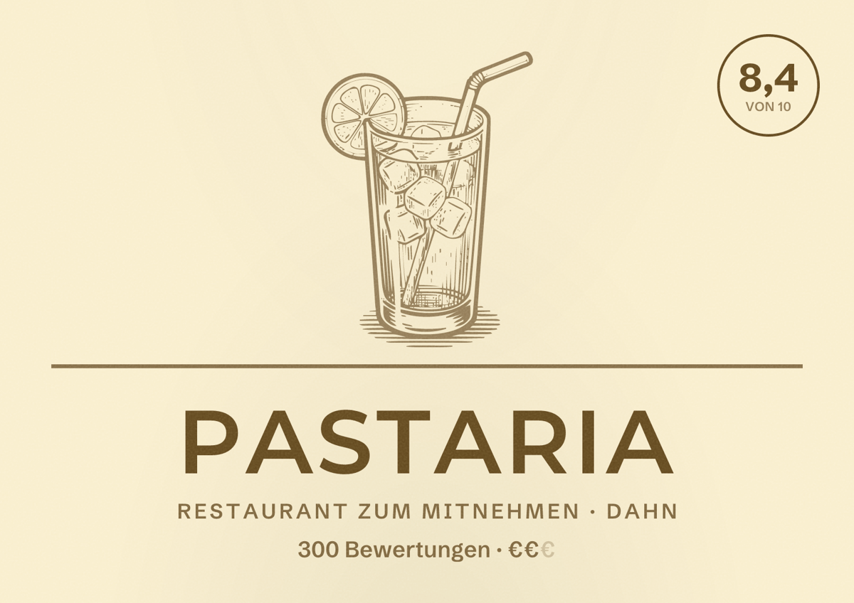 Illustriertes Poster von Pastaria, Restaurant zum Mitnehmen in Dahn: Bewertung 8,4 von 10 aus 300 Bewertungen, Preisniveau €€