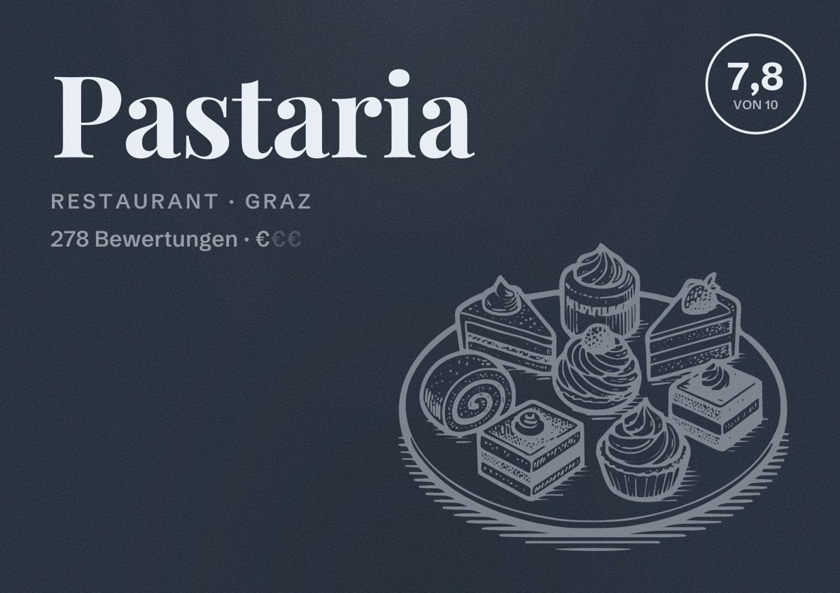 Illustriertes Poster von Pastaria, Restaurant in Graz: Bewertung 7,8 von 10 aus 278 Bewertungen, Preisniveau €