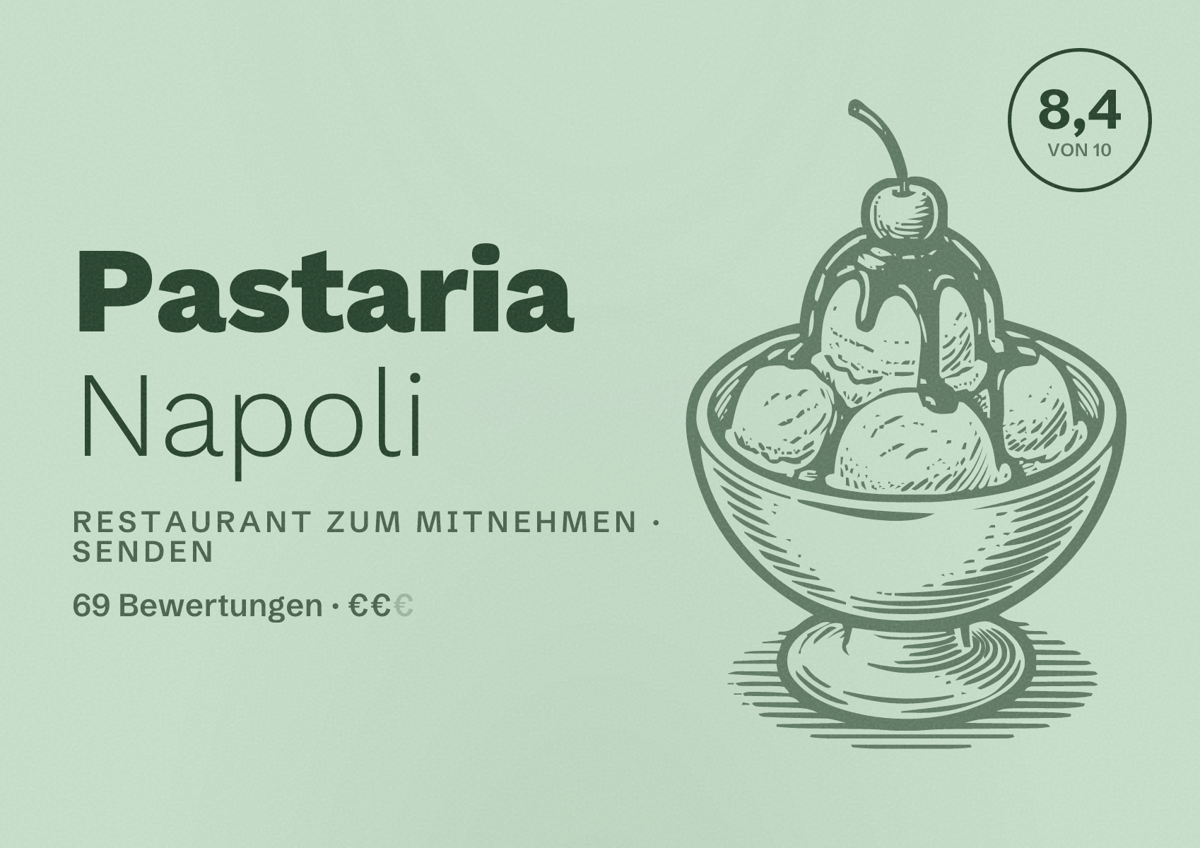 Illustriertes Poster von Pastaria Napoli, Restaurant zum Mitnehmen in Senden: Bewertung 8,4 von 10 aus 69 Bewertungen, Preisniveau €€