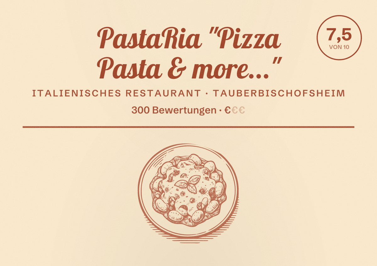 Illustriertes Poster von PastaRia "Pizza Pasta & more...", Italienisches Restaurant in Tauberbischofsheim: Bewertung 7,5 von 10 aus 300 Bewertungen, Preisniveau €
