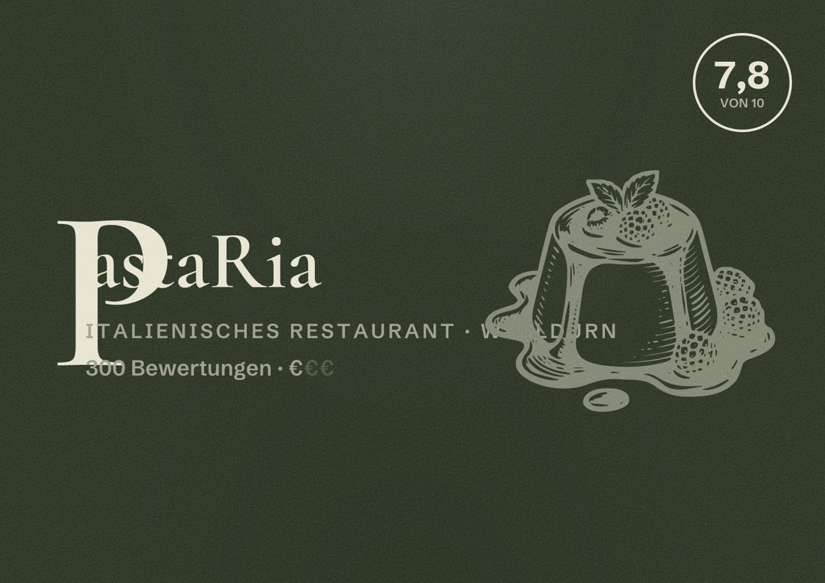 Illustriertes Poster von PastaRia, Italienisches Restaurant in Walldürn: Bewertung 7,8 von 10 aus 300 Bewertungen, Preisniveau €