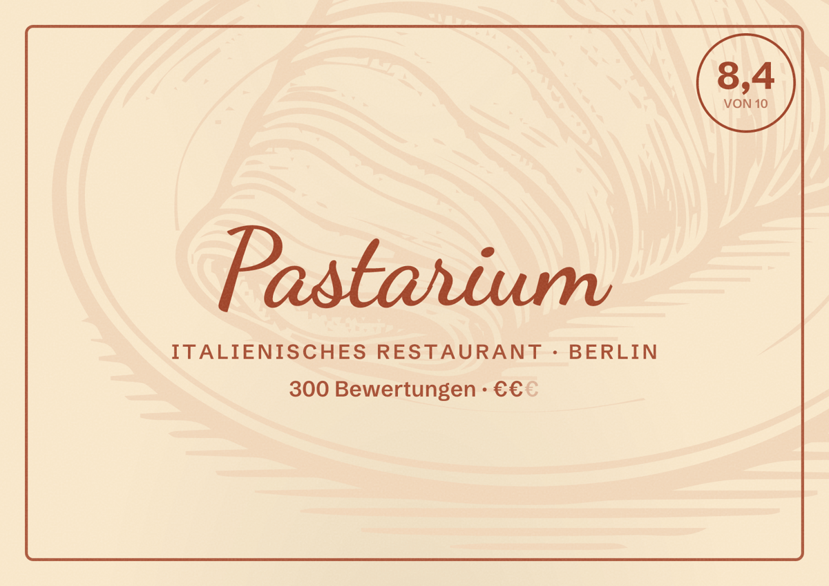 Illustriertes Poster von Pastarium, Italienisches Restaurant in Berlin: Bewertung 8,4 von 10 aus 300 Bewertungen, Preisniveau €€