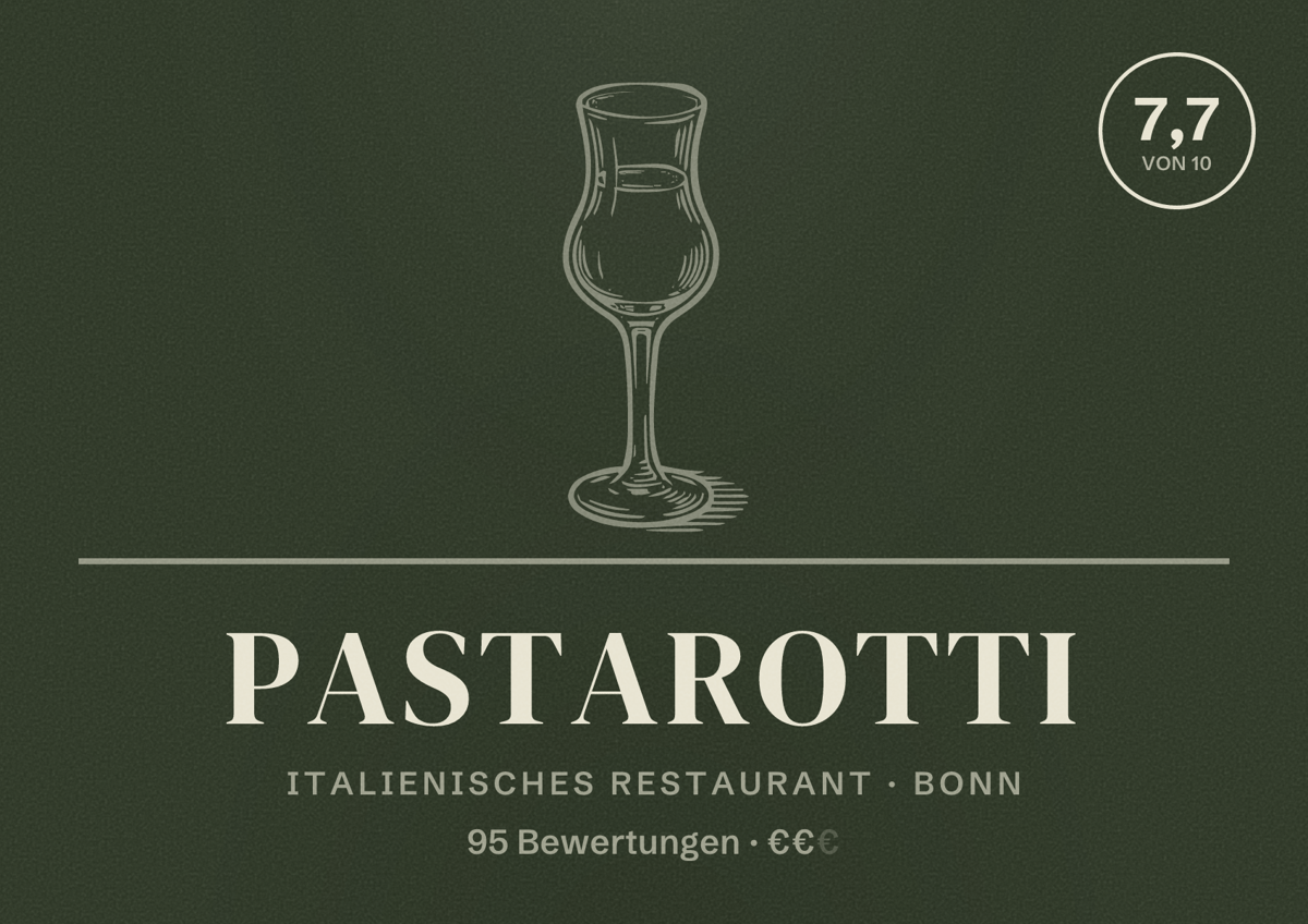 Illustriertes Poster von Pastarotti, Italienisches Restaurant in Bonn: Bewertung 7,7 von 10 aus 95 Bewertungen, Preisniveau €€