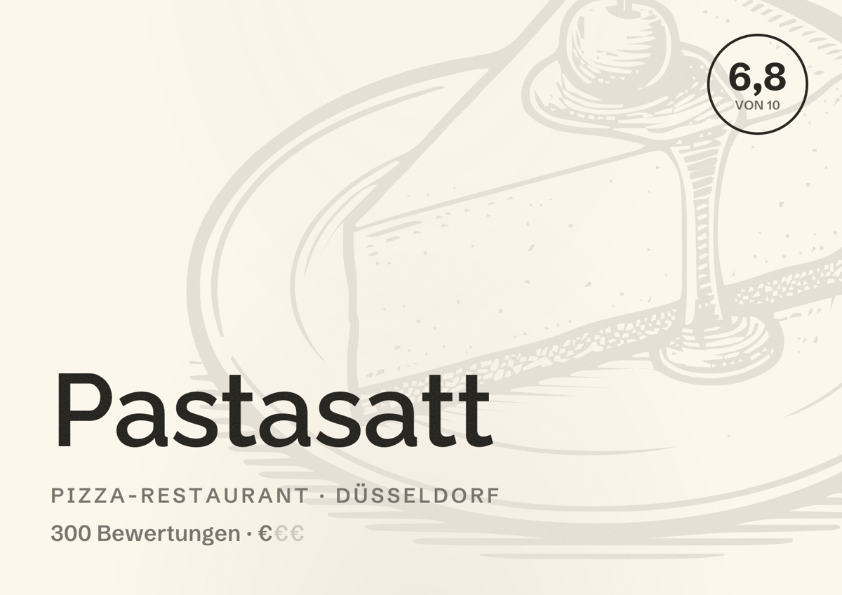 Illustriertes Poster von Pastasatt, Pizza-Restaurant in Düsseldorf: Bewertung 6,8 von 10 aus 300 Bewertungen, Preisniveau €