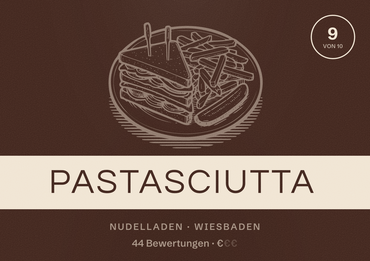 Illustriertes Poster von PASTASCIUTTA, Nudelladen in Wiesbaden: Bewertung 9 von 10 aus 44 Bewertungen, Preisniveau €