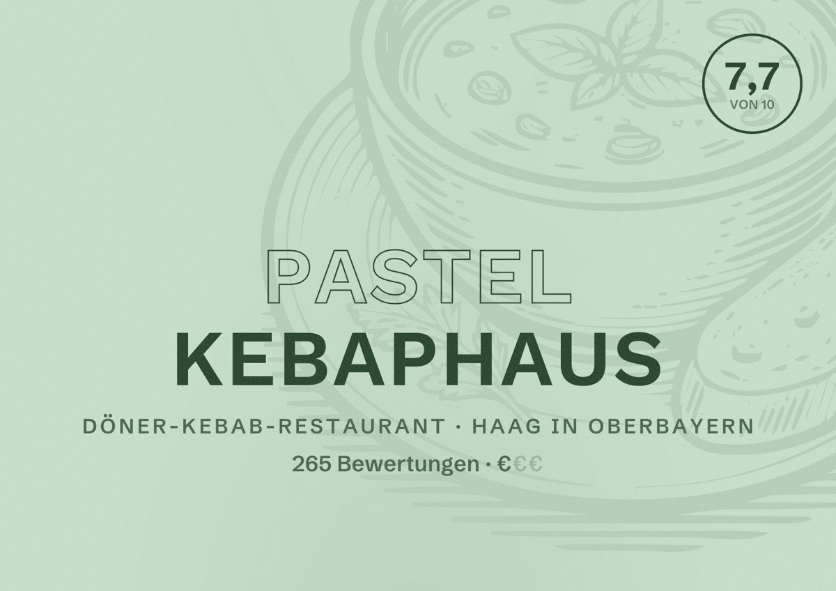 Illustriertes Poster von Pastel Kebaphaus, Döner-Kebab-Restaurant in Haag in Oberbayern: Bewertung 7,7 von 10 aus 265 Bewertungen, Preisniveau €