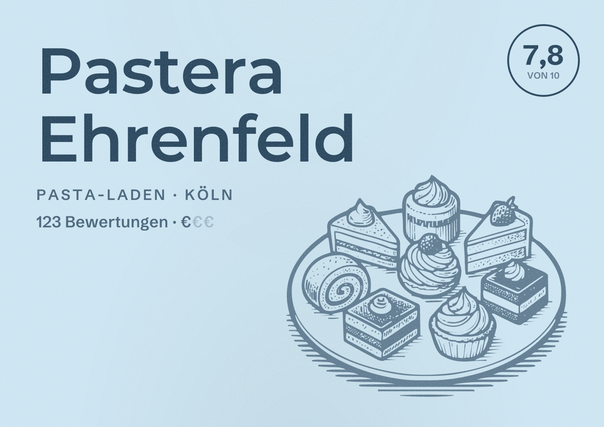Illustriertes Poster von Pastera Ehrenfeld, Pasta-Laden in Köln: Bewertung 7,8 von 10 aus 123 Bewertungen, Preisniveau €