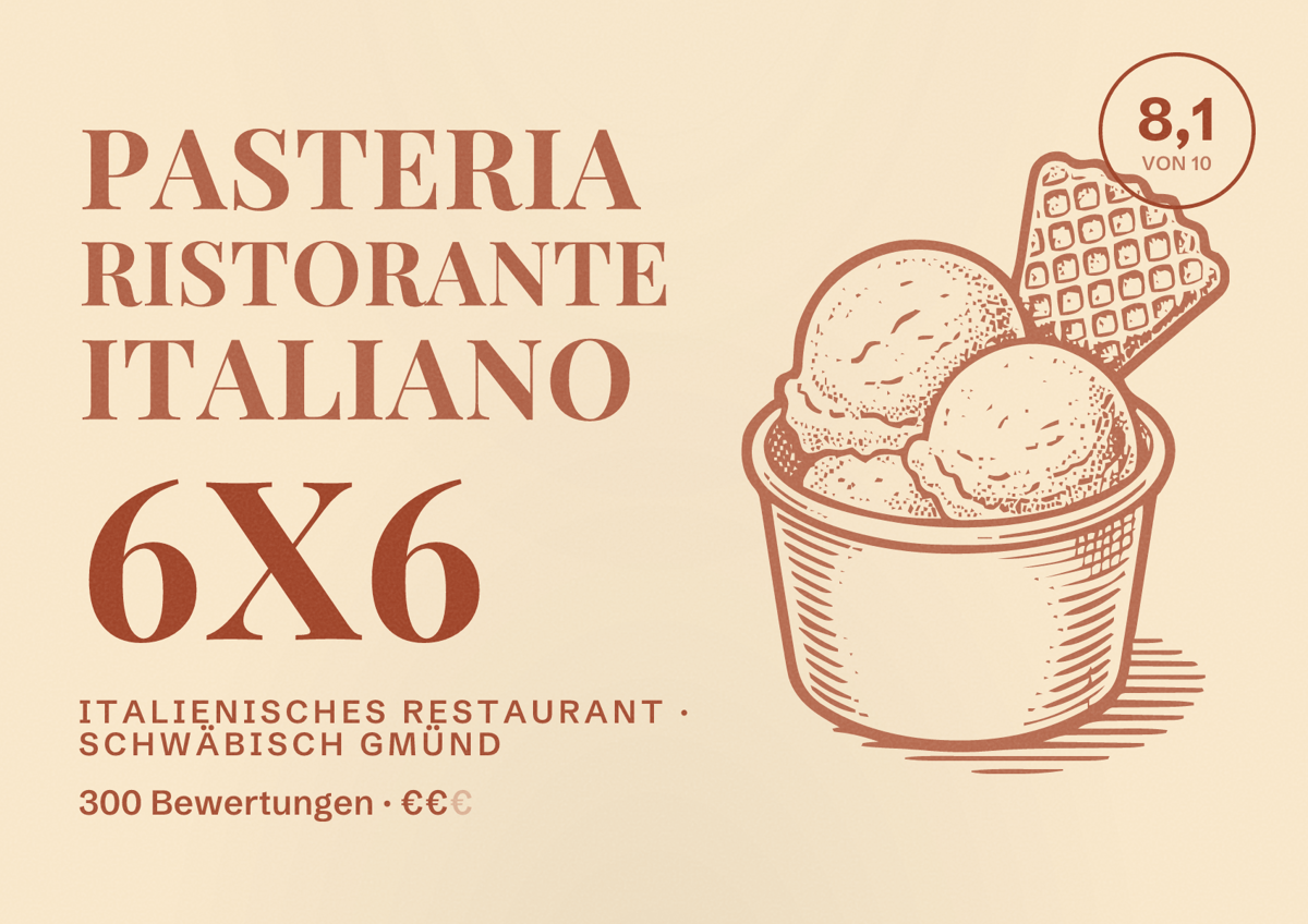 Illustriertes Poster von Pasteria Ristorante Italiano 6x6, Italienisches Restaurant in Schwäbisch Gmünd: Bewertung 8,1 von 10 aus 300 Bewertungen, Preisniveau €€