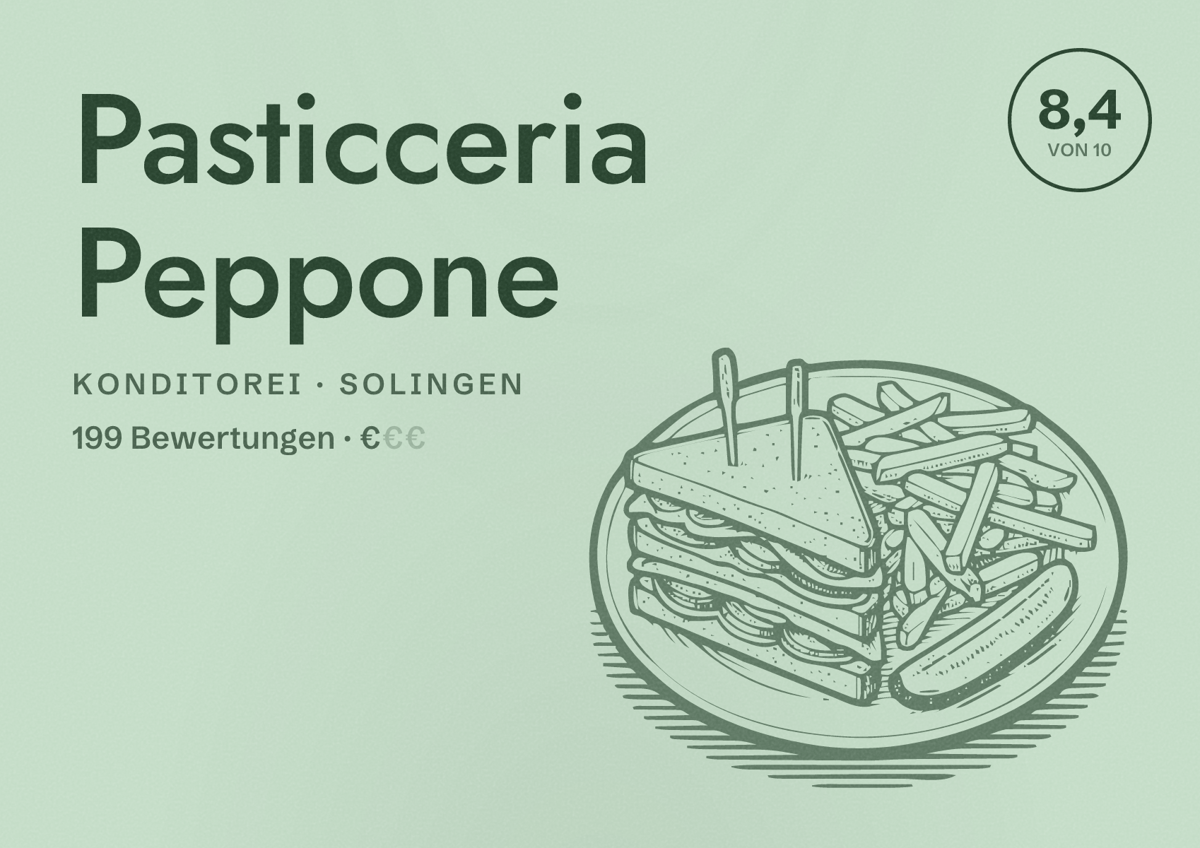 Illustriertes Poster von Pasticceria Peppone, Konditorei in Solingen: Bewertung 8,4 von 10 aus 199 Bewertungen, Preisniveau €