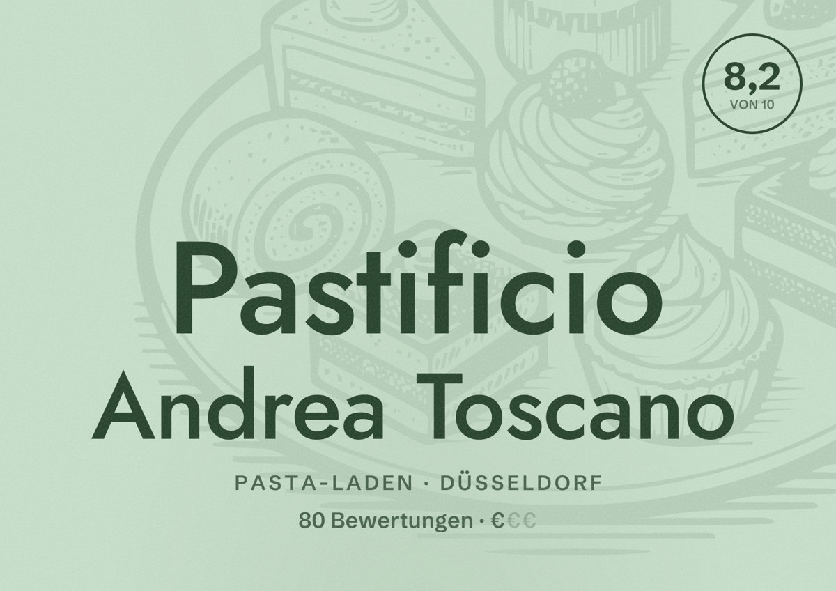 Illustriertes Poster von Pastificio Andrea Toscano, Pasta-Laden in Düsseldorf: Bewertung 8,2 von 10 aus 80 Bewertungen, Preisniveau €