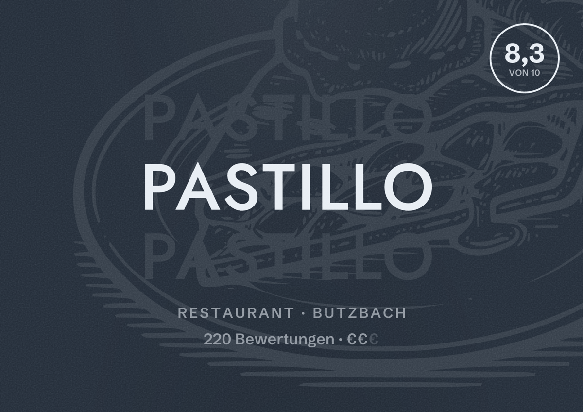 Illustriertes Poster von Pastillo, Restaurant in Butzbach: Bewertung 8,3 von 10 aus 220 Bewertungen, Preisniveau €€