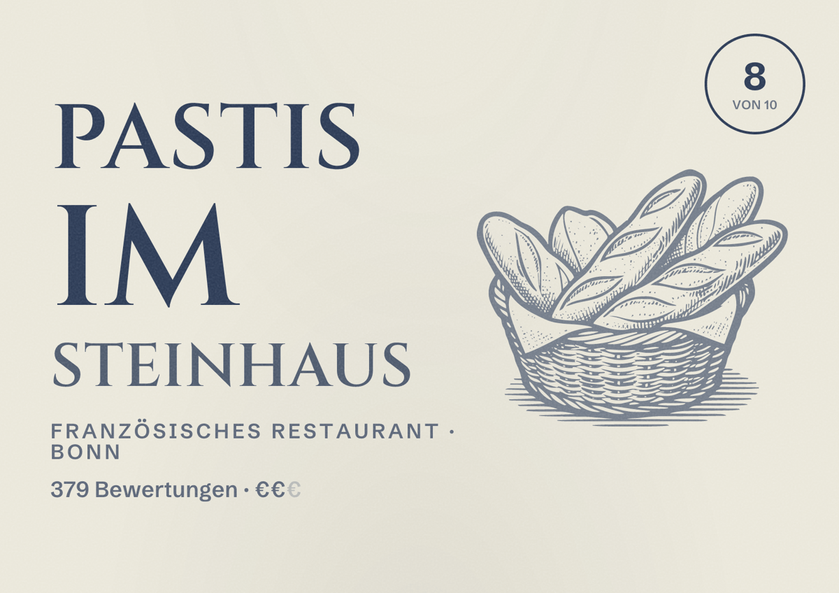 Illustriertes Poster von Pastis im Steinhaus, Französisches Restaurant in Bonn: Bewertung 8 von 10 aus 379 Bewertungen, Preisniveau €€