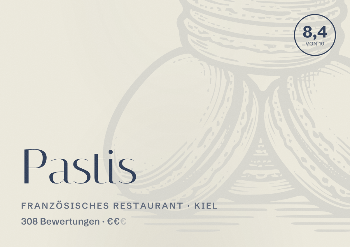 Illustriertes Poster von Pastis, Französisches Restaurant in Kiel: Bewertung 8,4 von 10 aus 308 Bewertungen, Preisniveau €€