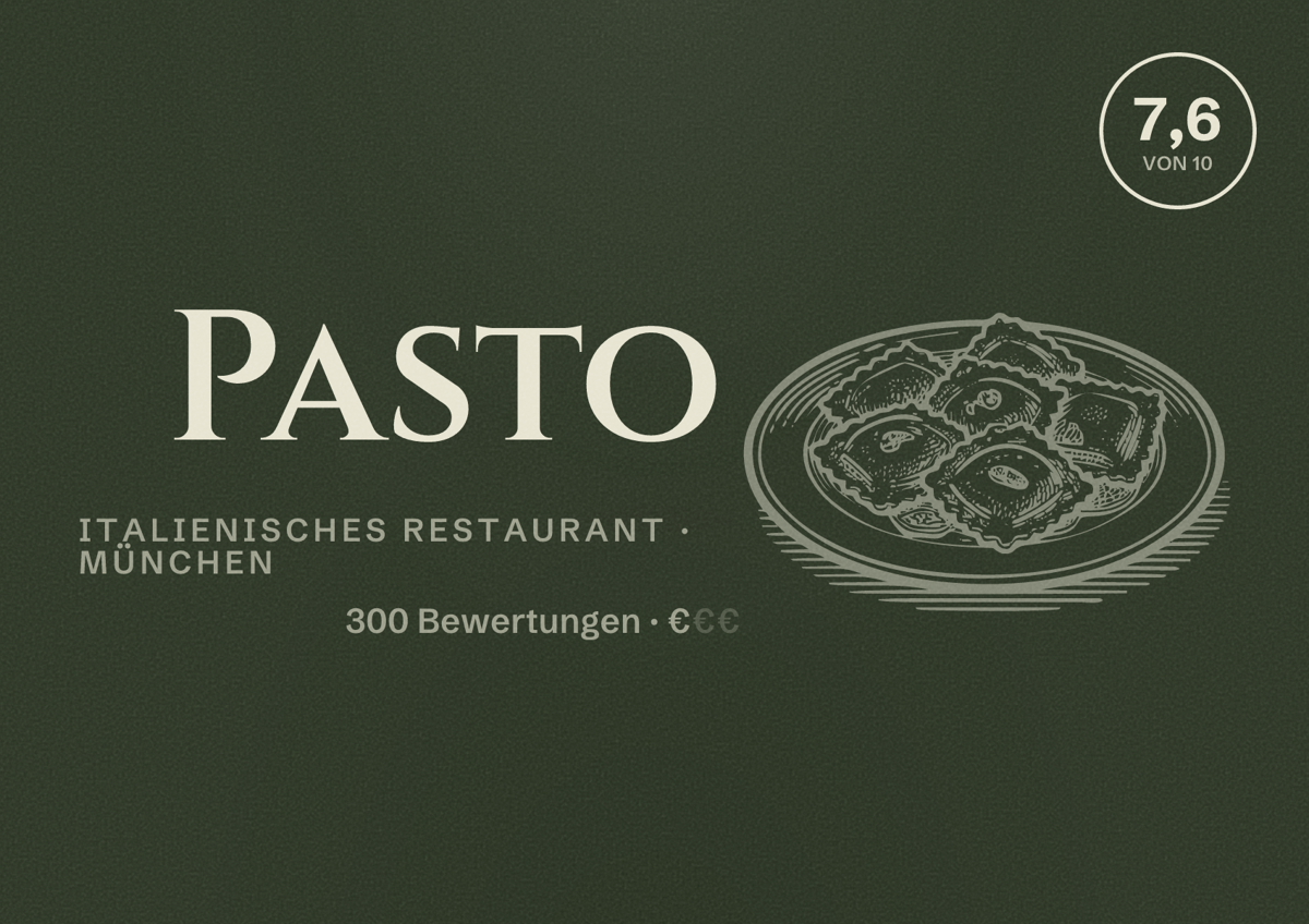 Illustriertes Poster von Pasto, Italienisches Restaurant in München: Bewertung 7,6 von 10 aus 300 Bewertungen, Preisniveau €