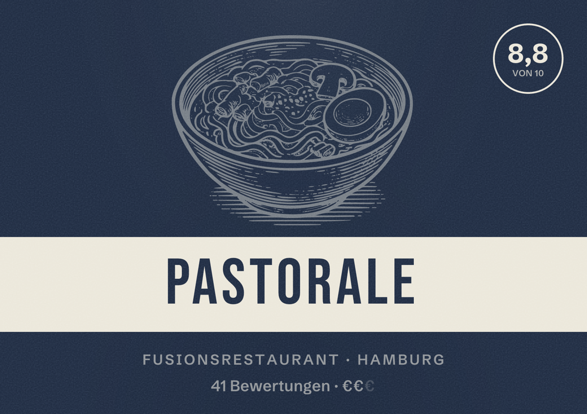 Illustriertes Poster von Pastorale, Fusionsrestaurant in Hamburg: Bewertung 8,8 von 10 aus 41 Bewertungen, Preisniveau €€