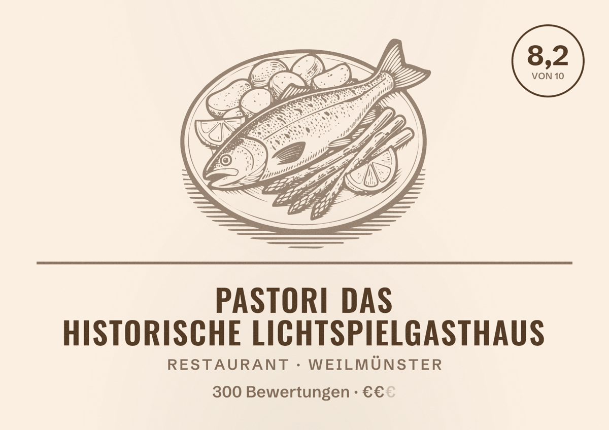 Illustriertes Poster von Pastori das historische Lichtspielgasthaus, Restaurant in Weilmünster: Bewertung 8,2 von 10 aus 300 Bewertungen, Preisniveau €€
