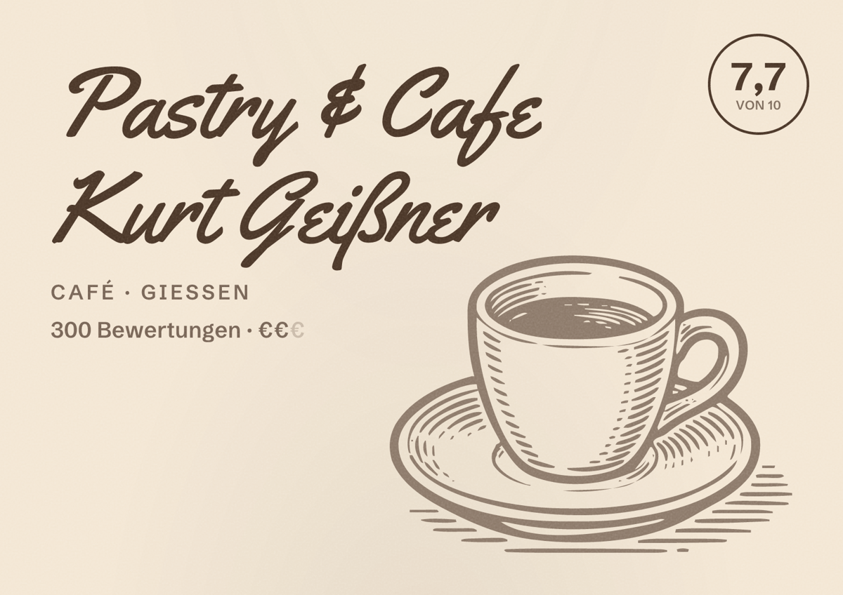 Illustriertes Poster von Pastry & Cafe Kurt Geißner, Café in Gießen: Bewertung 7,7 von 10 aus 300 Bewertungen, Preisniveau €€