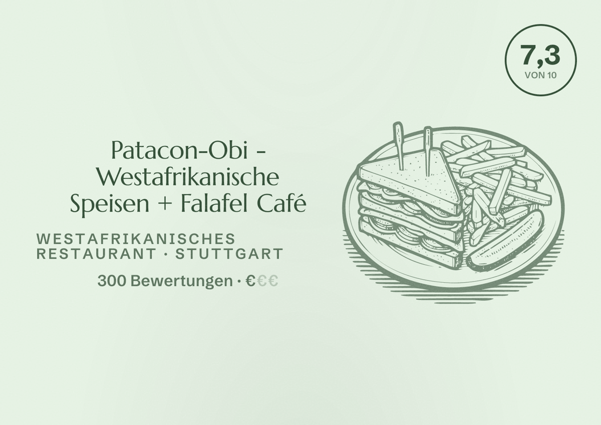 Illustriertes Poster von Patacon-Obi - Westafrikanische Speisen + Falafel Café, Westafrikanisches Restaurant in Stuttgart: Bewertung 7,3 von 10 aus 300 Bewertungen, Preisniveau €